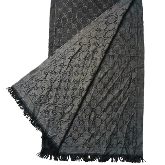 Gucci Charcoal Grey & Silver Reversible GG Logo Print Shawl Wrap Vintage Pre-Own - Picture 1 of 9